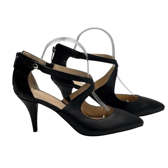 Marc Fisher Black Pointed Toe Heels Strappy Zip Back Stiletto Snake Embossed 8M - Picture 12 of 16